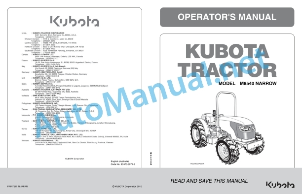 Kubota M8540 Narrow Tractor Operators Manual PDF
