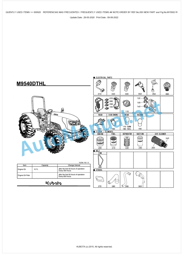 Kubota M9540DTHL Parts Manual PDF BKIDK0660