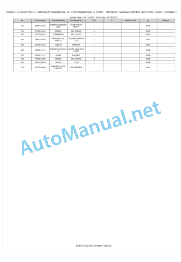 Kubota M95GX-4, M105GX-4 Parts Manual PDF BKIDK5296 3 Kubota M95GX-4, M105GX-4 Parts Manual PDF BKIDK5296-3