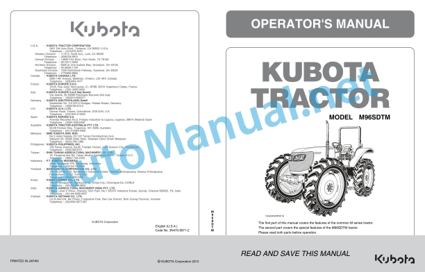 Kubota M96SDTM Tractor Operators Manual PDF