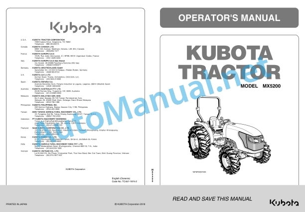 Kubota MX5200 Tractor Operators Manual PDF