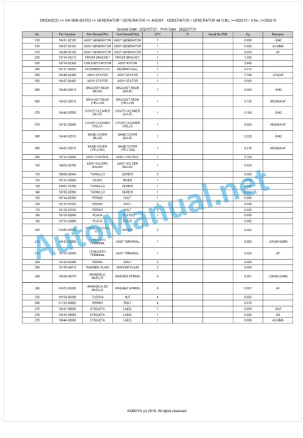 Kubota NA1900-3(STD) Parts Manual PDF BKIDK0233 5 Kubota NA1900-3(STD) Parts Manual PDF BKIDK0233-5