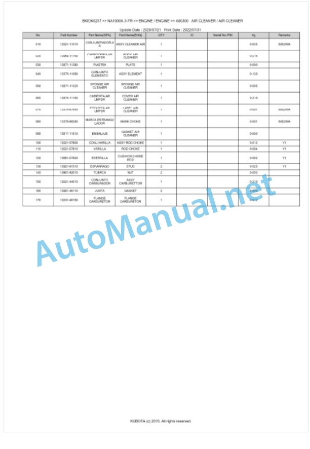 Kubota NA1900X-3-FR Parts Manual PDF BKIDK0237 2 Kubota NA1900X-3-FR Parts Manual PDF BKIDK0237-2