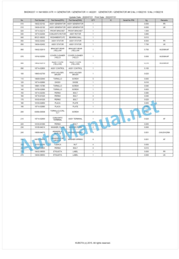 Kubota NA1900X-3-FR Parts Manual PDF BKIDK0237 5 Kubota NA1900X-3-FR Parts Manual PDF BKIDK0237-5