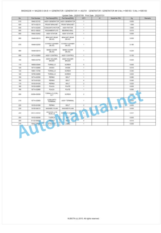 Kubota NA2200-3-SA-B Parts Manual PDF BKIDK0238 5 Kubota NA2200-3-SA-B Parts Manual PDF BKIDK0238-5
