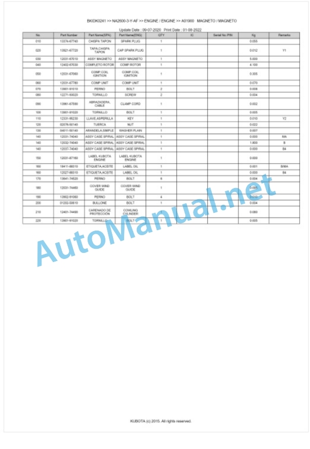 Kubota NA2600-3-Y-AF Parts Manual PDF BKIDK0241 4 Kubota NA2600-3-Y-AF Parts Manual PDF BKIDK0241-4