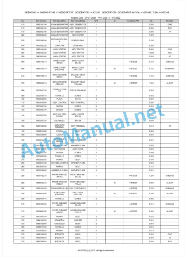 Kubota NA2600-3-Y-AF Parts Manual PDF BKIDK0241 5 Kubota NA2600-3-Y-AF Parts Manual PDF BKIDK0241-5