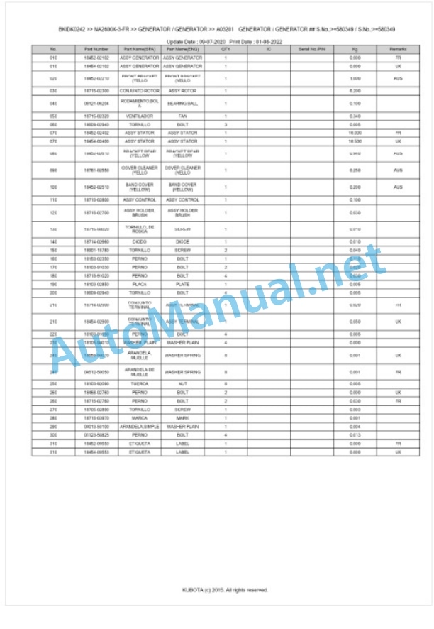 Kubota NA2600X-3-FR Parts Manual PDF BKIDK0242 5 Kubota NA2600X-3-FR Parts Manual PDF BKIDK0242-5