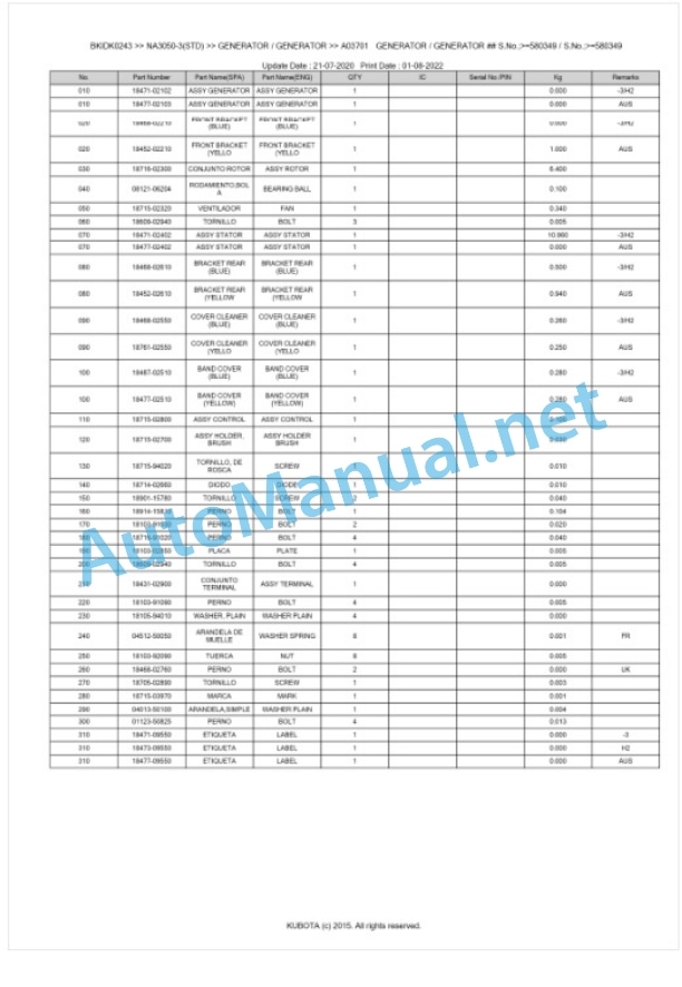 Kubota NA3050-3(STD) Parts Manual PDF BKIDK0243 5 Kubota NA3050-3(STD) Parts Manual PDF BKIDK0243-5