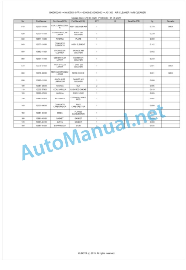 Kubota NA3050X-3-FR Parts Manual PDF BKIDK0246 2 Kubota NA3050X-3-FR Parts Manual PDF BKIDK0246-2