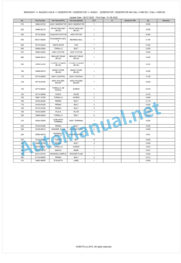 Kubota NA3200-3-SA-B Parts Manual PDF BKIDK0247 5 Kubota NA3200-3-SA-B Parts Manual PDF BKIDK0247-5