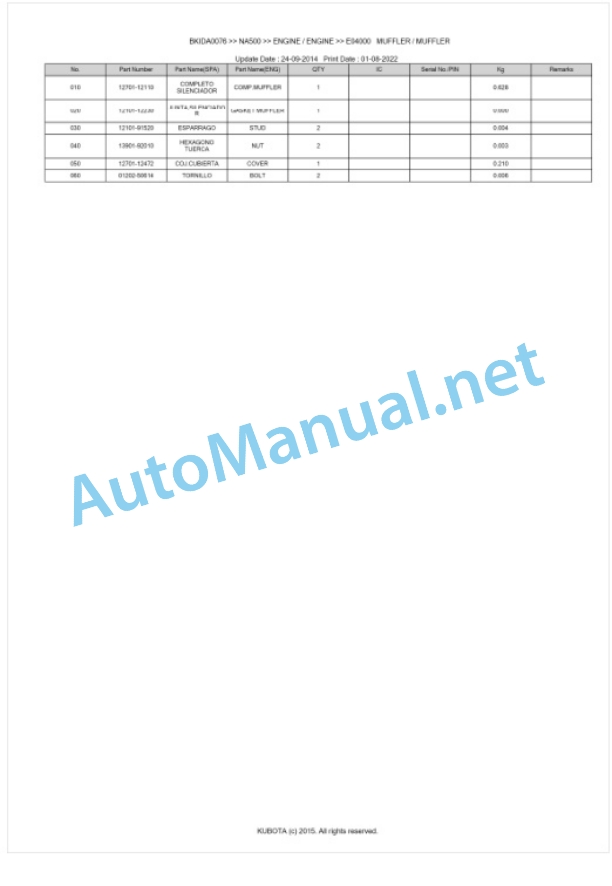 Kubota NA500 Parts Manual PDF BKIDA0076 4 Kubota NA500 Parts Manual PDF BKIDA0076-4