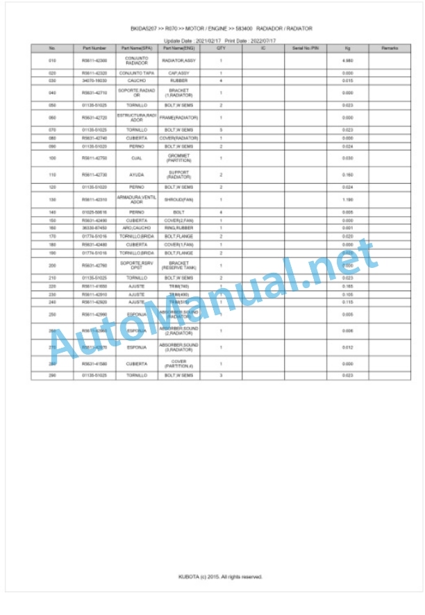 Kubota R070 Parts Manual PDF BKIDA5207 2 Kubota R070 Parts Manual PDF BKIDA5207-2