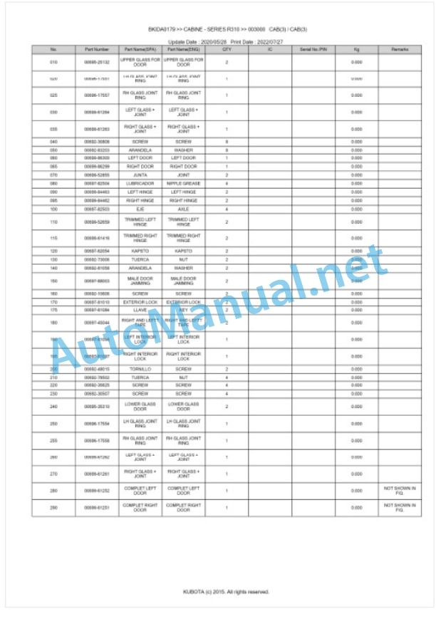 Kubota R310 Series CABINE Parts Manual PDF BKIDA0179 3 Kubota R310 Series CABINE Parts Manual PDF BKIDA0179-3
