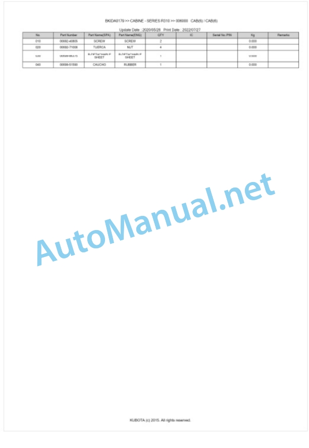 Kubota R310 Series CABINE Parts Manual PDF BKIDA0179 5 Kubota R310 Series CABINE Parts Manual PDF BKIDA0179-5