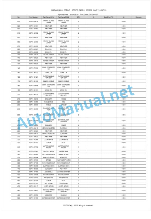 Kubota R400 Series CABINE Parts Manual PDF BKIDA0185 2 Kubota R400 Series CABINE Parts Manual PDF BKIDA0185-2