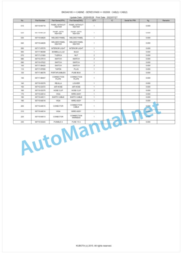Kubota R400 Series CABINE Parts Manual PDF BKIDA0185 3 Kubota R400 Series CABINE Parts Manual PDF BKIDA0185-3