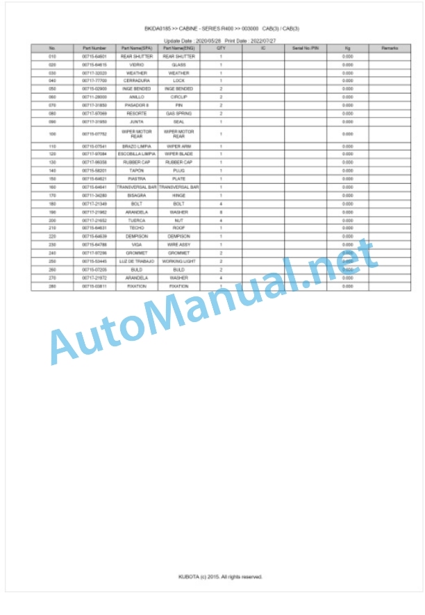 Kubota R400 Series CABINE Parts Manual PDF BKIDA0185 4 Kubota R400 Series CABINE Parts Manual PDF BKIDA0185-4