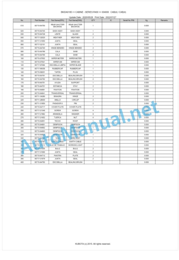 Kubota R400 Series CABINE Parts Manual PDF BKIDA0185 5 Kubota R400 Series CABINE Parts Manual PDF BKIDA0185-5