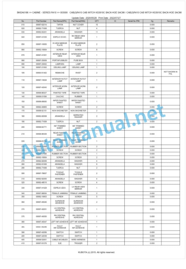 Kubota R410 Series CABINE Parts Manual PDF BKIDA0186 3 Kubota R410 Series CABINE Parts Manual PDF BKIDA0186-3
