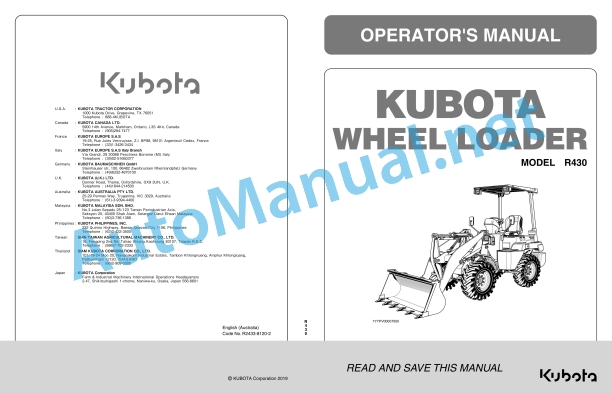 Kubota R430 Wheel Loader Operators Manual PDF