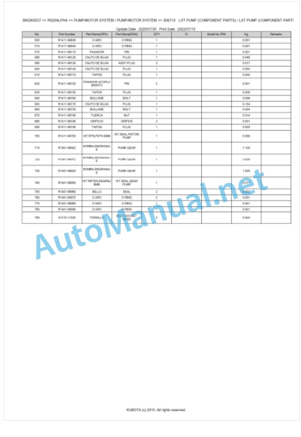 Kubota R520ALPHA Parts Manual PDF BKIDK0537 3 Kubota R520ALPHA Parts Manual PDF BKIDK0537-3