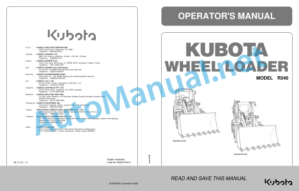 Kubota R540 Wheel Loader Operators Manual PDF