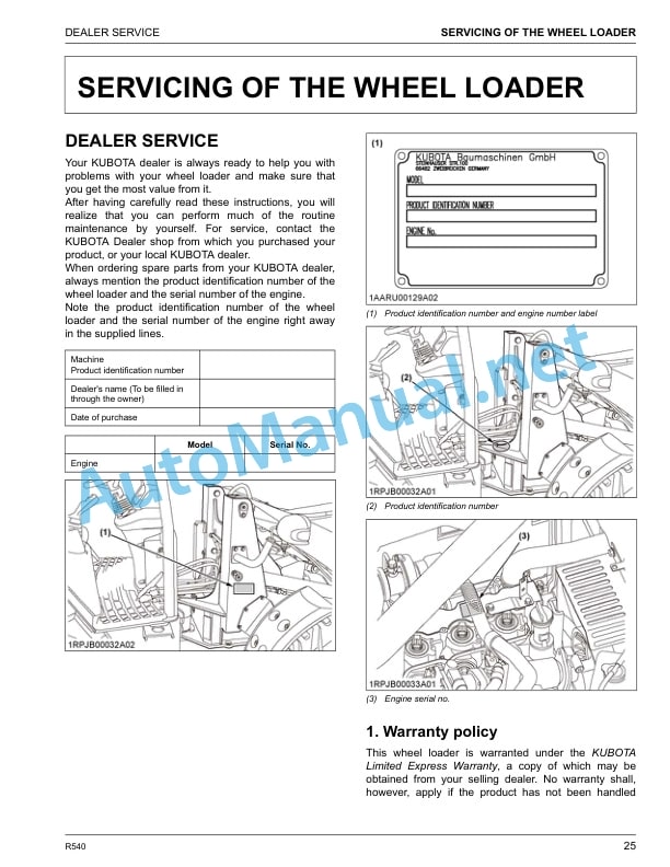 Alternative view of Kubota R540 Wheel Loader Operators Manual PDF