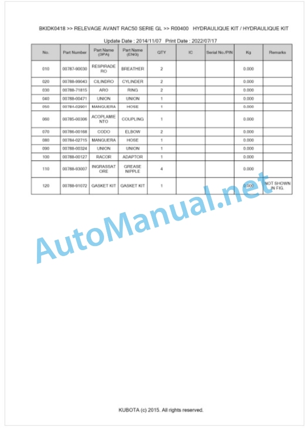 Kubota RAC50 Series GL Relevage Avant Parts Manual PDF BKIDK0418 5 Kubota RAC50 Series GL Relevage Avant Parts Manual PDF BKIDK0418-5