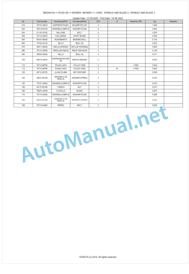 Kubota RC40-GR Parts Manual PDF BKIDA0154 3 Kubota RC40-GR Parts Manual PDF BKIDA0154-3