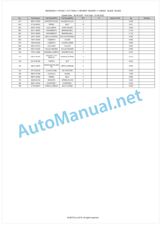 Kubota RC40LT-17(T1700H) Parts Manual PDF BKIDK0029 3 Kubota RC40LT-17(T1700H) Parts Manual PDF BKIDK0029-3