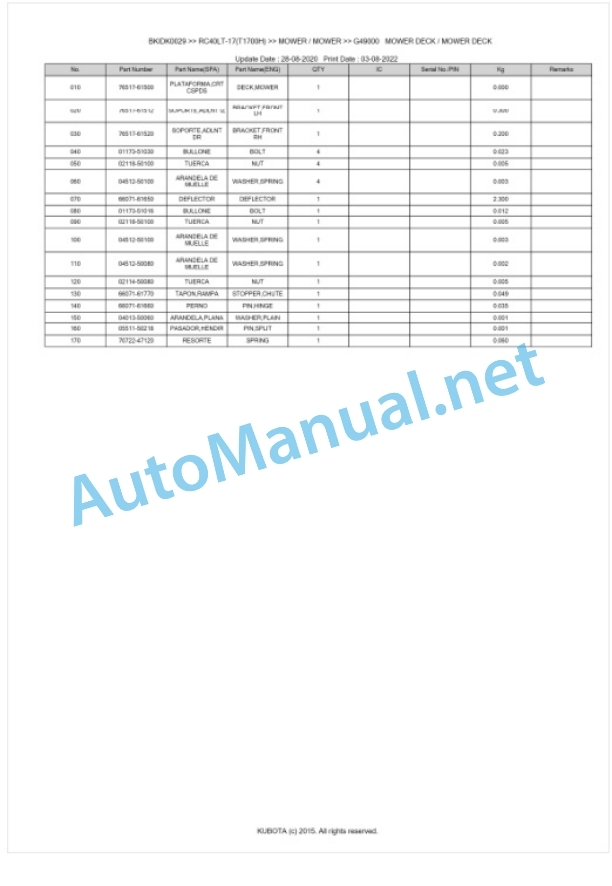 Kubota RC40LT-17(T1700H) Parts Manual PDF BKIDK0029 4 Kubota RC40LT-17(T1700H) Parts Manual PDF BKIDK0029-4