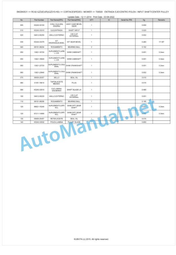 Kubota RC42-GZD(E) (R)(GZD15-HD) Parts Manual PDF BKIDK0531 2 Kubota RC42-GZD(E) (R)(GZD15-HD) Parts Manual PDF BKIDK0531-2