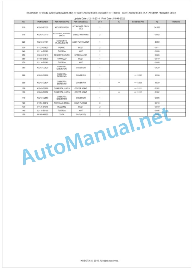 Kubota RC42-GZD(E) (R)(GZD15-HD) Parts Manual PDF BKIDK0531 4 Kubota RC42-GZD(E) (R)(GZD15-HD) Parts Manual PDF BKIDK0531-4