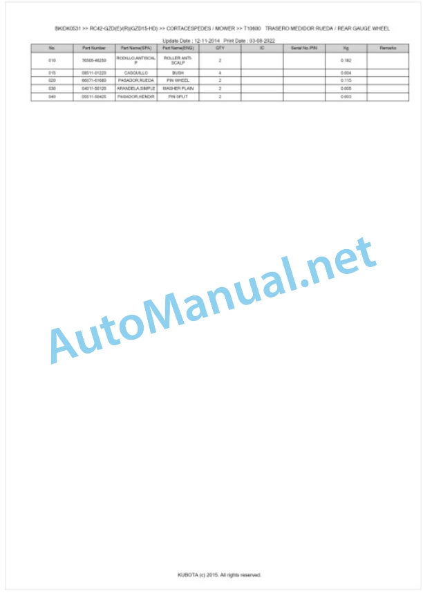 Kubota RC42-GZD(E) (R)(GZD15-HD) Parts Manual PDF BKIDK0531 5 Kubota RC42-GZD(E) (R)(GZD15-HD) Parts Manual PDF BKIDK0531-5