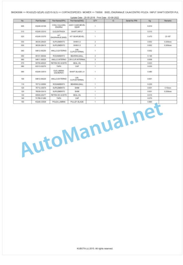 Kubota RC42GZD-3(E)(R) (GZD15-3LD) Parts Manual PDF BKIDK5096 2 Kubota RC42GZD-3(E)(R) (GZD15-3LD) Parts Manual PDF BKIDK5096-2