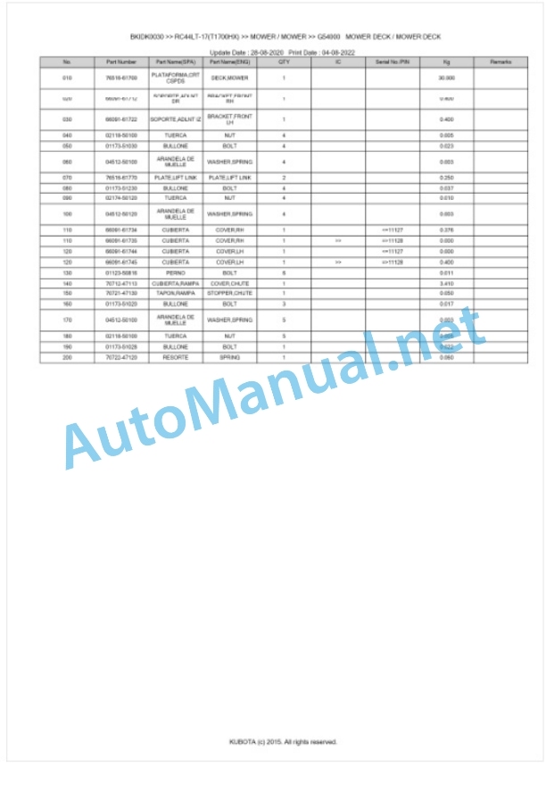 Kubota RC44LT-17(T1700HX) Parts Manual PDF BKIDK0030 4 Kubota RC44LT-17(T1700HX) Parts Manual PDF BKIDK0030-4