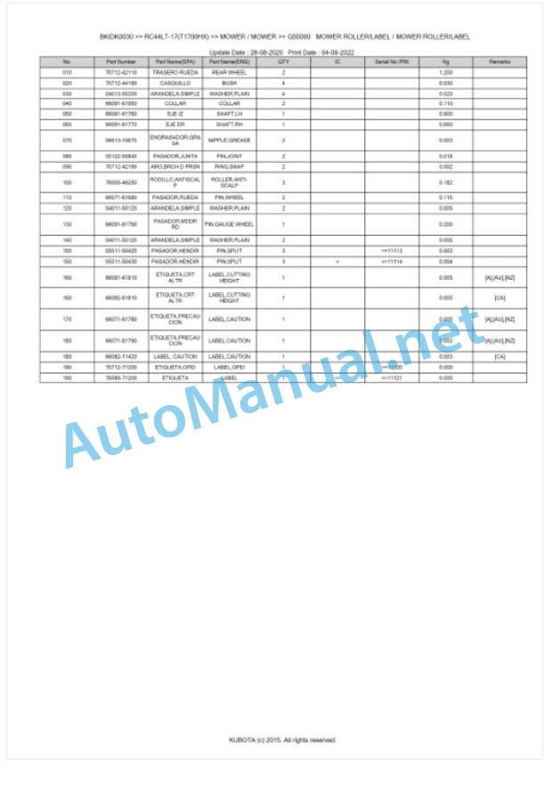 Kubota RC44LT-17(T1700HX) Parts Manual PDF BKIDK0030 5 Kubota RC44LT-17(T1700HX) Parts Manual PDF BKIDK0030-5