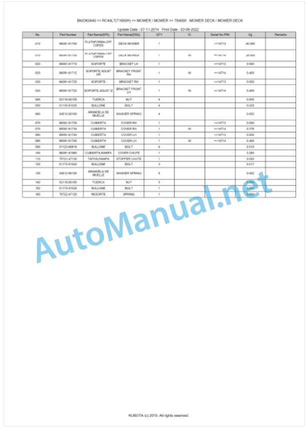Kubota RC44LT(T1600H) Parts Manual PDF BKIDK0440 4 Kubota RC44LT(T1600H) Parts Manual PDF BKIDK0440-4