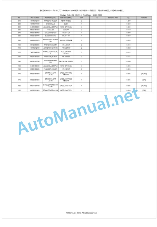 Kubota RC44LT(T1600H) Parts Manual PDF BKIDK0440 5 Kubota RC44LT(T1600H) Parts Manual PDF BKIDK0440-5