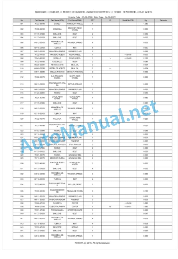 Kubota RC48-62A Parts Manual PDF BKIDK0382 5 Kubota RC48-62A Parts Manual PDF BKIDK0382-5