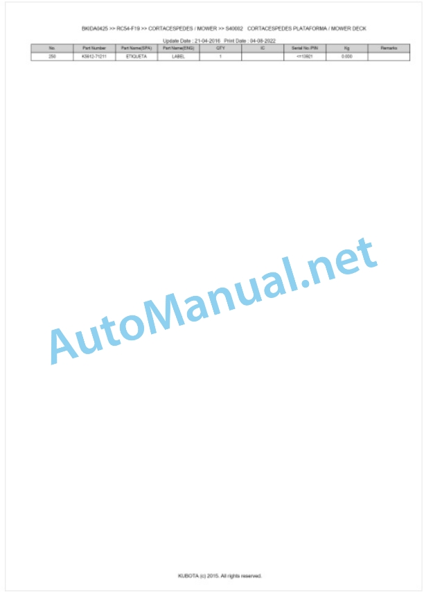 Kubota RC54-F19 Parts Manual PDF BKIDA0425 4 Kubota RC54-F19 Parts Manual PDF BKIDA0425-4