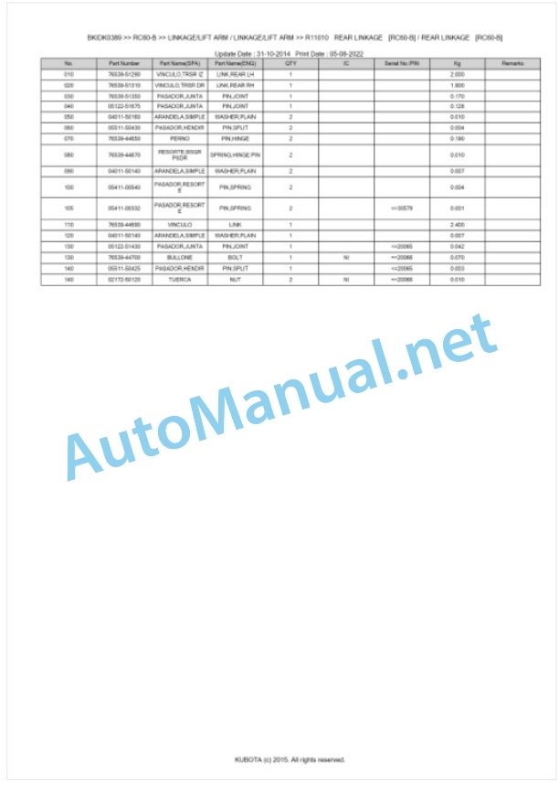Kubota RC60-B Parts Manual PDF BKIDK0389 5 Kubota RC60-B Parts Manual PDF BKIDK0389-5