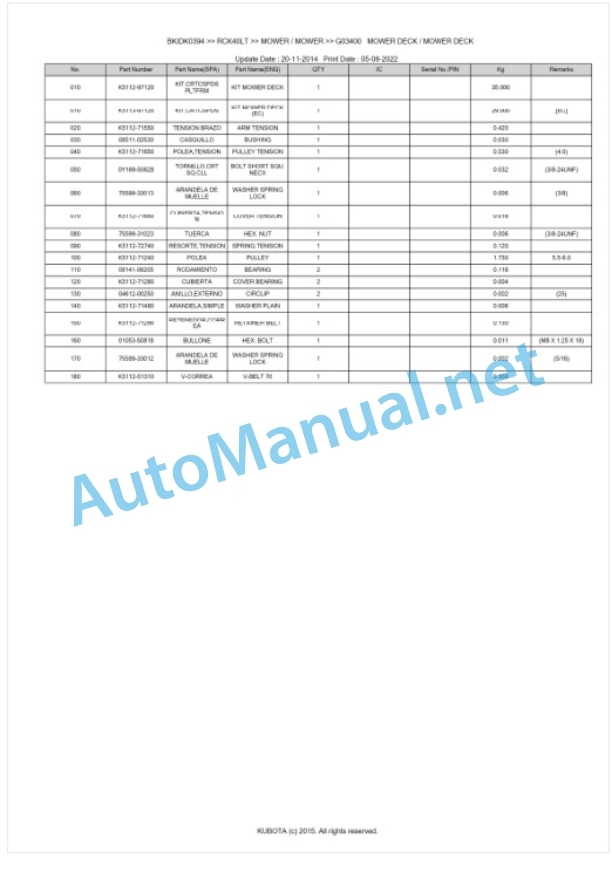 Kubota RCK40LT Parts Manual PDF BKIDK0394 3 Kubota RCK40LT Parts Manual PDF BKIDK0394-3