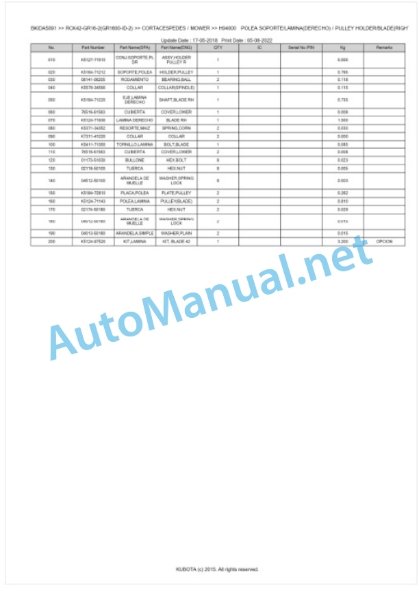 Kubota RCK42-GR16-2(GR1600-ID-2) Parts Manual PDF BKIDA5091 3 Kubota RCK42-GR16-2(GR1600-ID-2) Parts Manual PDF BKIDA5091-3