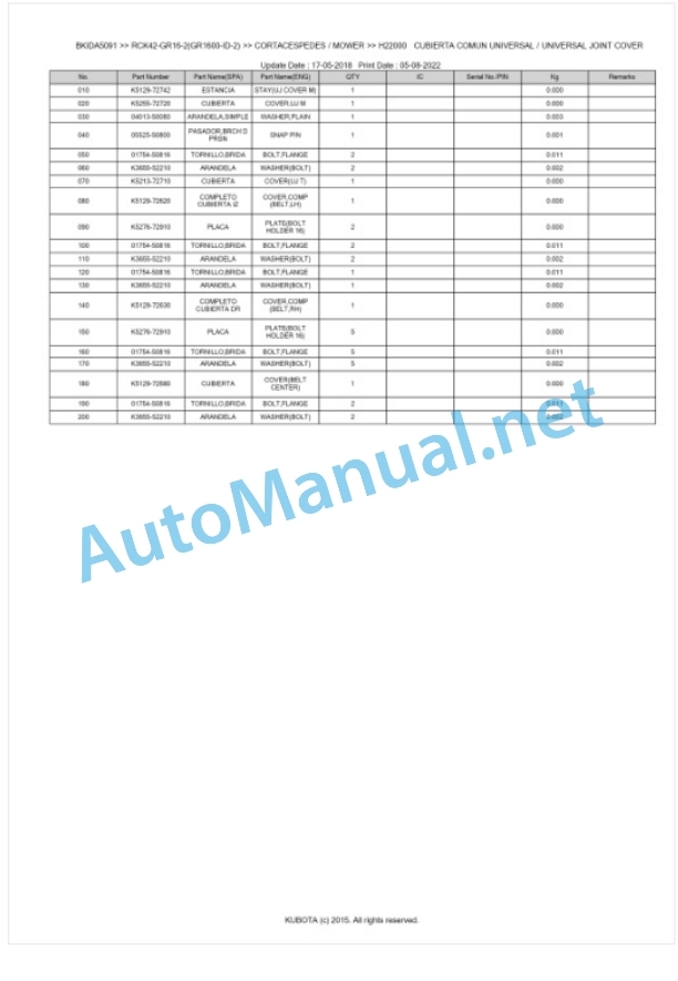 Kubota RCK42-GR16-2(GR1600-ID-2) Parts Manual PDF BKIDA5091 5 Kubota RCK42-GR16-2(GR1600-ID-2) Parts Manual PDF BKIDA5091-5