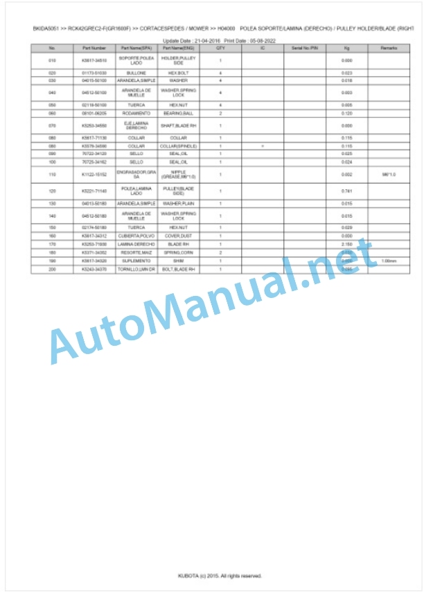 Kubota RCK42GREC2-F(GR1600F) Parts Manual PDF BKIDA5051 3 Kubota RCK42GREC2-F(GR1600F) Parts Manual PDF BKIDA5051-3