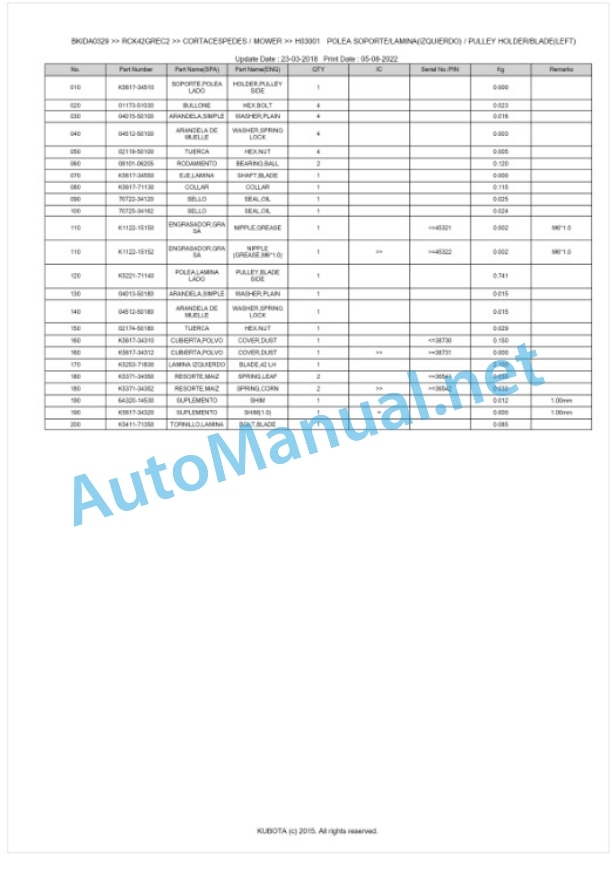 Kubota RCK42GREC2 Parts Manual PDF BKIDA0329 2 Kubota RCK42GREC2 Parts Manual PDF BKIDA0329-2