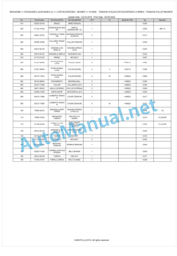 Kubota RCK42GREU-2(GR1600EU-2) Parts Manual PDF BKIDA5088 3 Kubota RCK42GREU-2(GR1600EU-2) Parts Manual PDF BKIDA5088-3