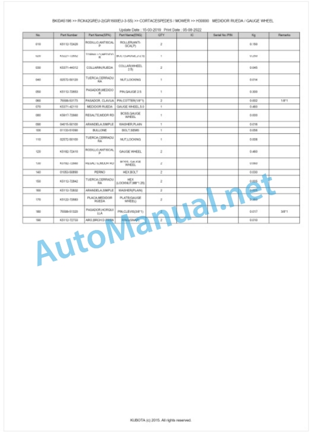Kubota RCK42GREU-2(GR1600EU-3-S5) Parts Manual PDF BKIDA5196 5 Kubota RCK42GREU-2(GR1600EU-3-S5) Parts Manual PDF BKIDA5196-5